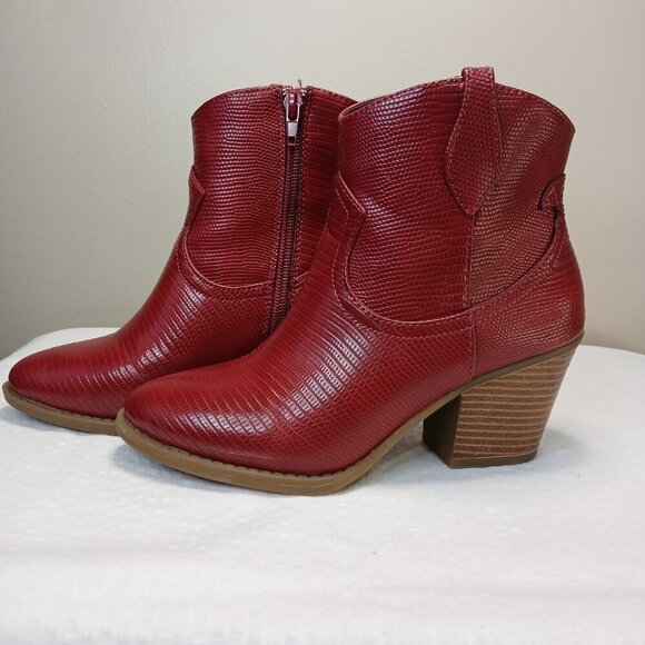 SUGAR FAUX RED LEATHER WOMENS ANKLE BOOTS REPITILE DESIGN SIZE 6 - Picture 7 of 9